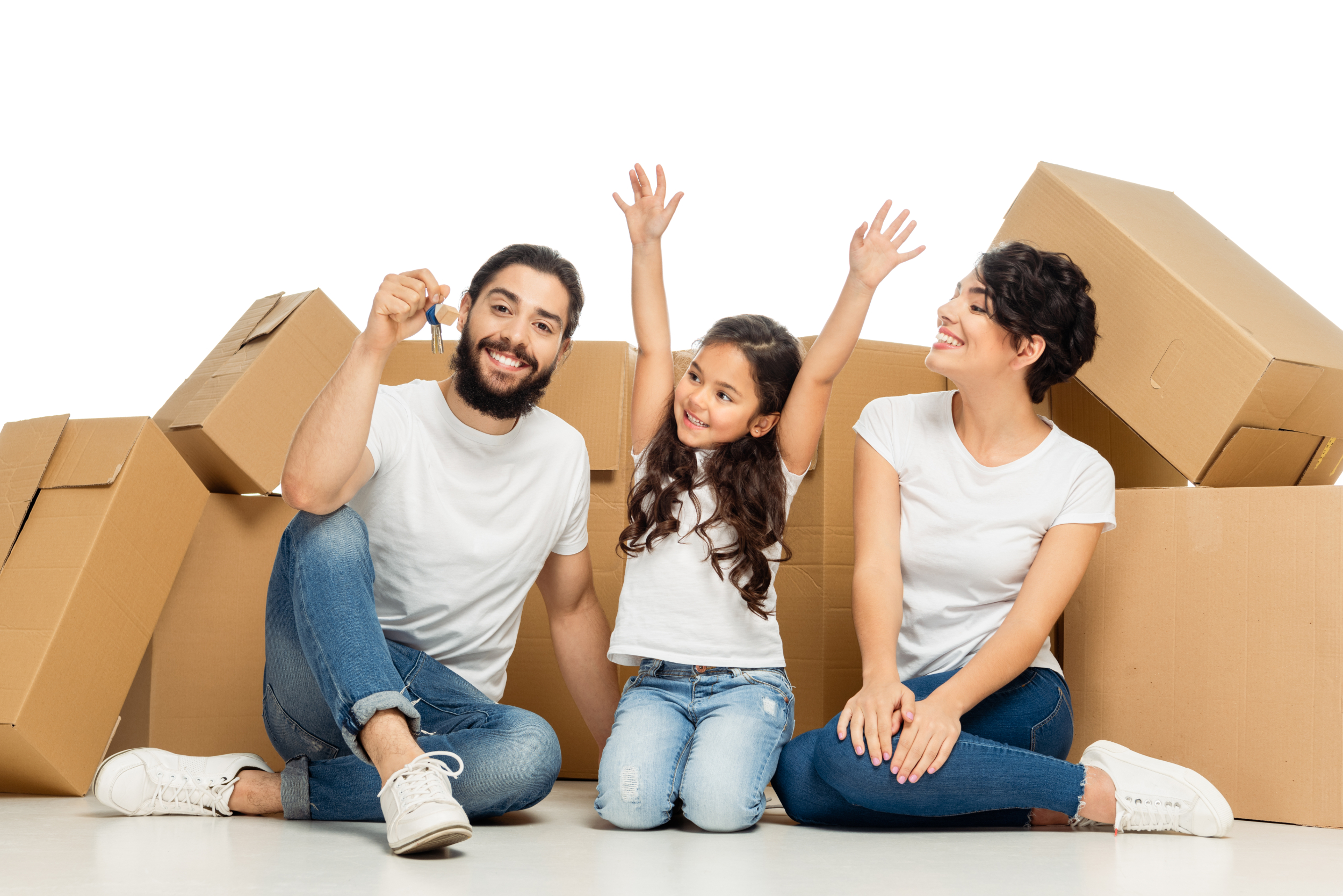 Young family surrounded by moving boxes